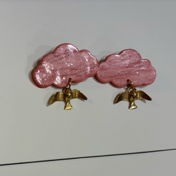 Unique Set of Handmade Earrings Pink Cloud with Gold Birds Like New - Picture 3 of 7